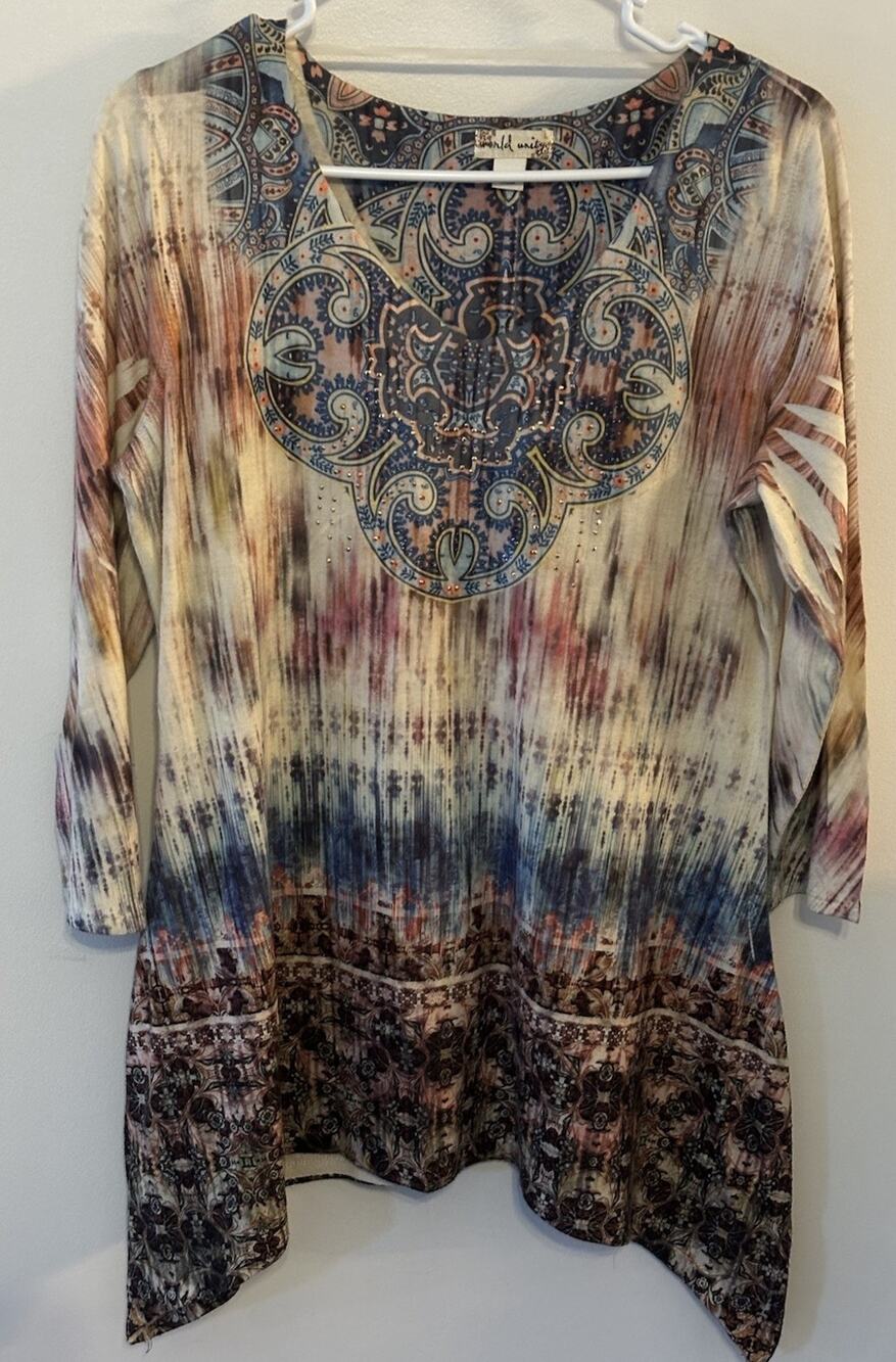 World Unity Tunic V Neck 3/4 Sleeve Multicolor Women’s Large Hippie Gems Hippie